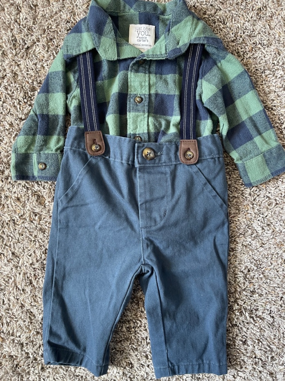 Carter's Green Plaid Shirt with Blue Suspender Overalls